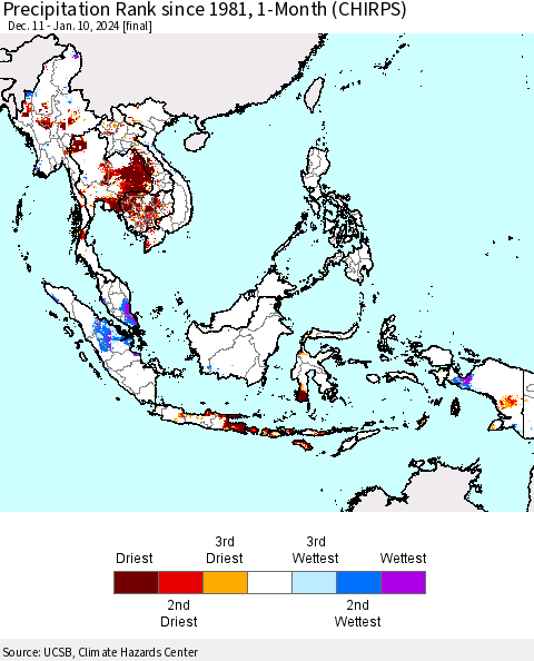 South East Asia Precipitation Rank since 1981, 1-Month (CHIRPS) Thematic Map For 12/11/2023 - 1/10/2024
