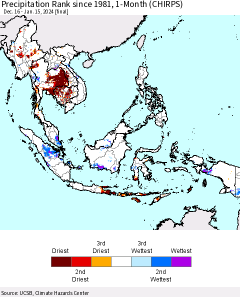 South East Asia Precipitation Rank since 1981, 1-Month (CHIRPS) Thematic Map For 12/16/2023 - 1/15/2024