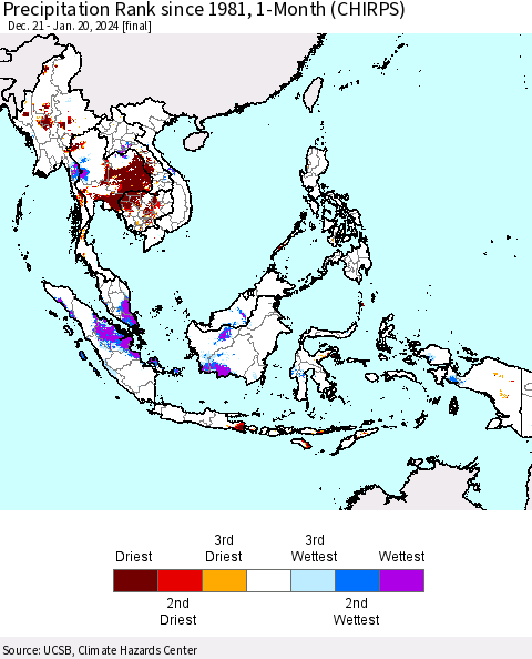 South East Asia Precipitation Rank since 1981, 1-Month (CHIRPS) Thematic Map For 12/21/2023 - 1/20/2024