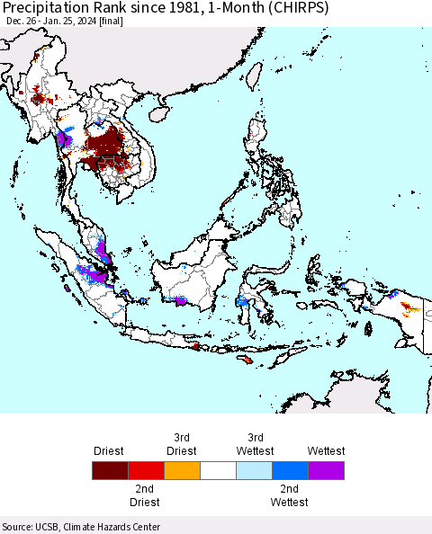 South East Asia Precipitation Rank since 1981, 1-Month (CHIRPS) Thematic Map For 12/26/2023 - 1/25/2024