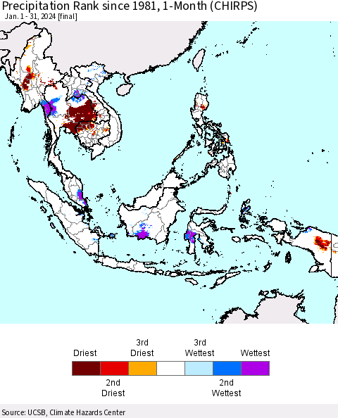 South East Asia Precipitation Rank since 1981, 1-Month (CHIRPS) Thematic Map For 1/1/2024 - 1/31/2024