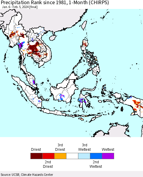 South East Asia Precipitation Rank since 1981, 1-Month (CHIRPS) Thematic Map For 1/6/2024 - 2/5/2024