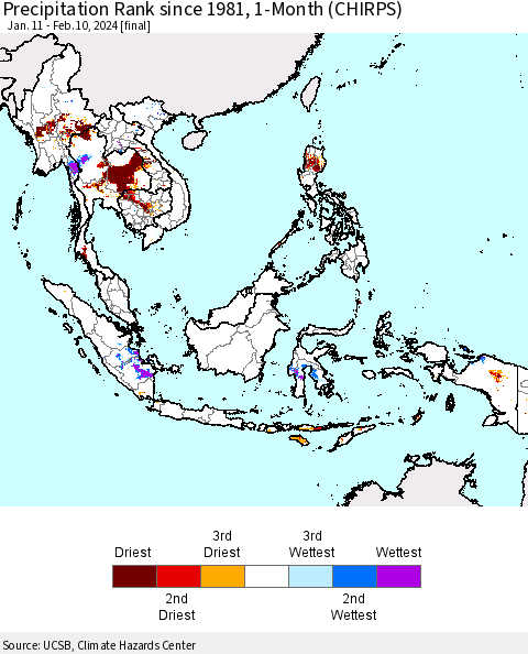 South East Asia Precipitation Rank since 1981, 1-Month (CHIRPS) Thematic Map For 1/11/2024 - 2/10/2024