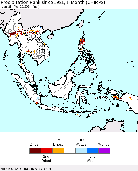 South East Asia Precipitation Rank since 1981, 1-Month (CHIRPS) Thematic Map For 1/21/2024 - 2/20/2024