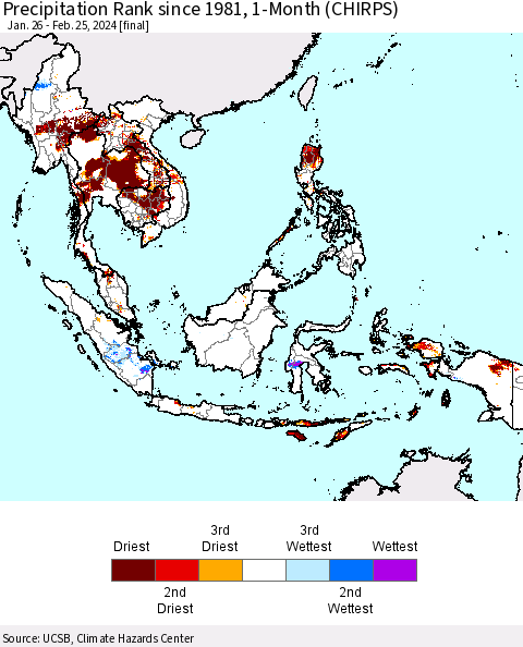 South East Asia Precipitation Rank since 1981, 1-Month (CHIRPS) Thematic Map For 1/26/2024 - 2/25/2024