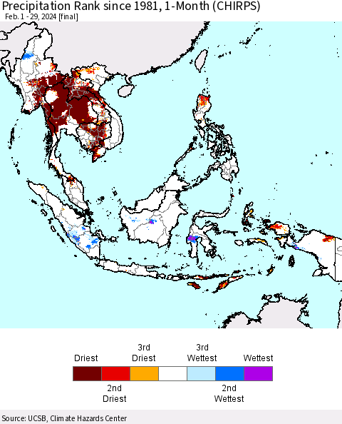South East Asia Precipitation Rank since 1981, 1-Month (CHIRPS) Thematic Map For 2/1/2024 - 2/29/2024