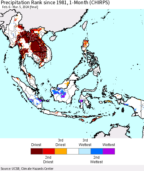 South East Asia Precipitation Rank since 1981, 1-Month (CHIRPS) Thematic Map For 2/6/2024 - 3/5/2024