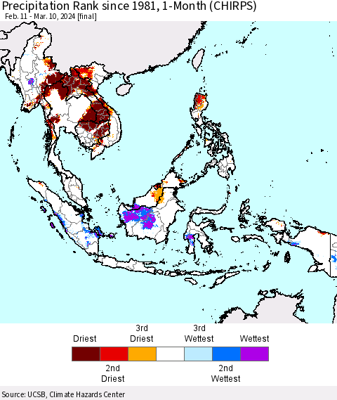 South East Asia Precipitation Rank since 1981, 1-Month (CHIRPS) Thematic Map For 2/11/2024 - 3/10/2024