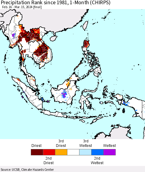 South East Asia Precipitation Rank since 1981, 1-Month (CHIRPS) Thematic Map For 2/16/2024 - 3/15/2024