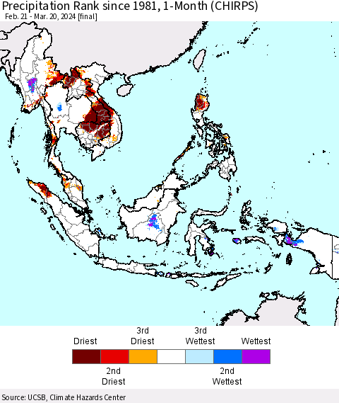 South East Asia Precipitation Rank since 1981, 1-Month (CHIRPS) Thematic Map For 2/21/2024 - 3/20/2024