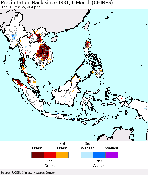 South East Asia Precipitation Rank since 1981, 1-Month (CHIRPS) Thematic Map For 2/26/2024 - 3/25/2024