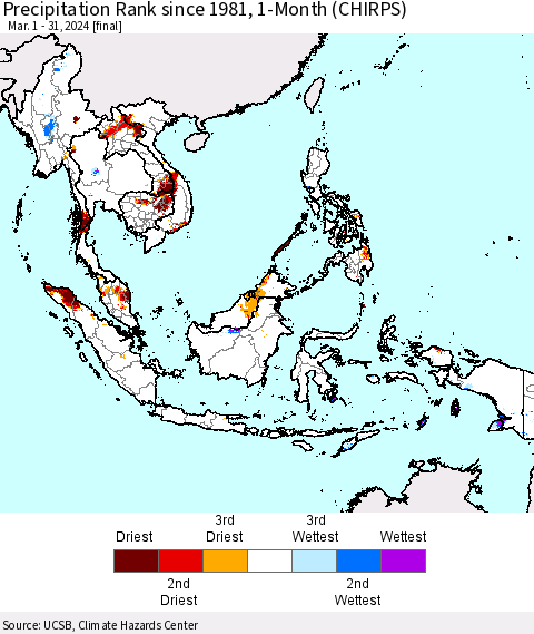 South East Asia Precipitation Rank since 1981, 1-Month (CHIRPS) Thematic Map For 3/1/2024 - 3/31/2024