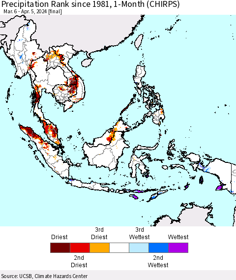 South East Asia Precipitation Rank since 1981, 1-Month (CHIRPS) Thematic Map For 3/6/2024 - 4/5/2024