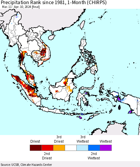 South East Asia Precipitation Rank since 1981, 1-Month (CHIRPS) Thematic Map For 3/11/2024 - 4/10/2024