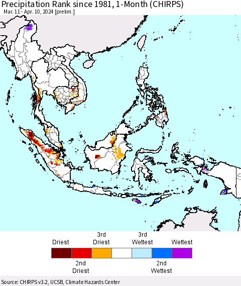 South East Asia Precipitation Rank since 1981, 1-Month (CHIRPS) Thematic Map For 3/11/2024 - 4/10/2024
