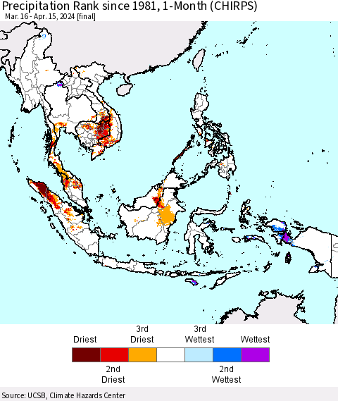 South East Asia Precipitation Rank since 1981, 1-Month (CHIRPS) Thematic Map For 3/16/2024 - 4/15/2024