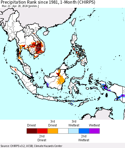 South East Asia Precipitation Rank since 1981, 1-Month (CHIRPS) Thematic Map For 3/21/2024 - 4/20/2024