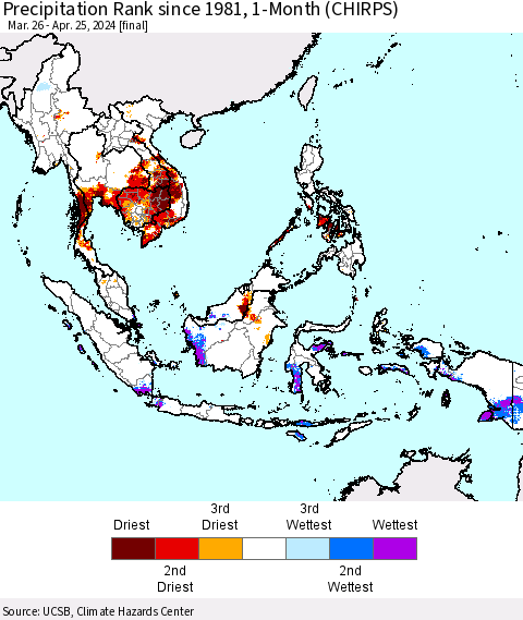 South East Asia Precipitation Rank since 1981, 1-Month (CHIRPS) Thematic Map For 3/26/2024 - 4/25/2024