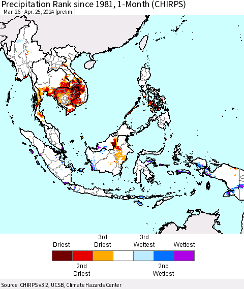 South East Asia Precipitation Rank since 1981, 1-Month (CHIRPS) Thematic Map For 3/26/2024 - 4/25/2024