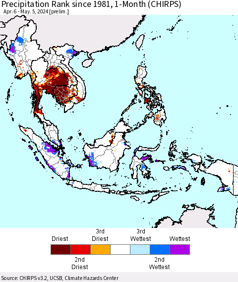 South East Asia Precipitation Rank since 1981, 1-Month (CHIRPS) Thematic Map For 4/6/2024 - 5/5/2024