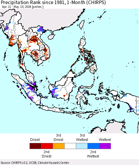 South East Asia Precipitation Rank since 1981, 1-Month (CHIRPS) Thematic Map For 4/11/2024 - 5/10/2024
