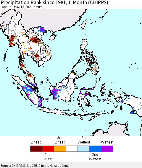 South East Asia Precipitation Rank since 1981, 1-Month (CHIRPS) Thematic Map For 4/16/2024 - 5/15/2024