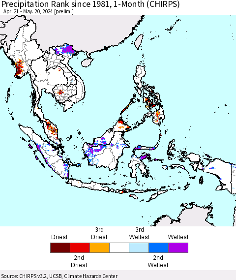 South East Asia Precipitation Rank since 1981, 1-Month (CHIRPS) Thematic Map For 4/21/2024 - 5/20/2024