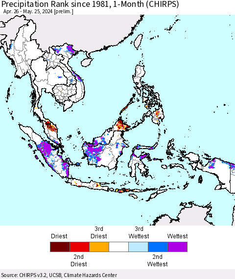 South East Asia Precipitation Rank since 1981, 1-Month (CHIRPS) Thematic Map For 4/26/2024 - 5/25/2024