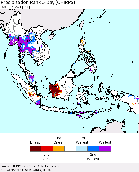 South East Asia Precipitation Rank since 1981, 5-Day (CHIRPS) Thematic Map For 4/1/2021 - 4/5/2021