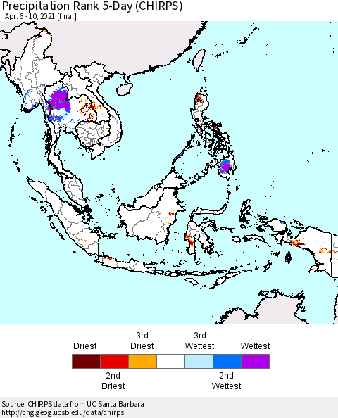 South East Asia Precipitation Rank since 1981, 5-Day (CHIRPS) Thematic Map For 4/6/2021 - 4/10/2021