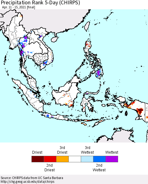 South East Asia Precipitation Rank since 1981, 5-Day (CHIRPS) Thematic Map For 4/11/2021 - 4/15/2021