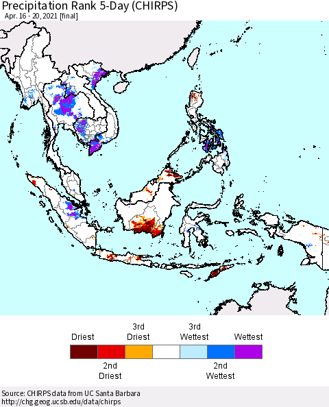South East Asia Precipitation Rank since 1981, 5-Day (CHIRPS) Thematic Map For 4/16/2021 - 4/20/2021