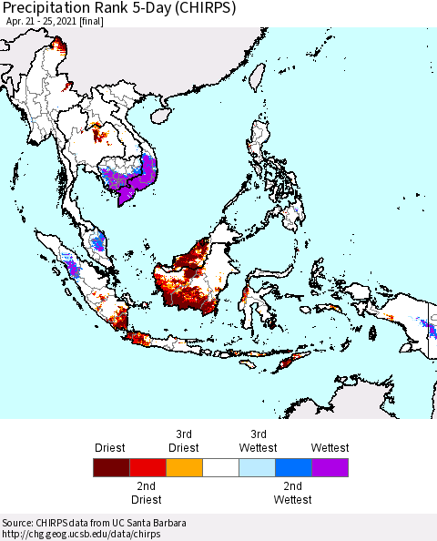 South East Asia Precipitation Rank since 1981, 5-Day (CHIRPS) Thematic Map For 4/21/2021 - 4/25/2021