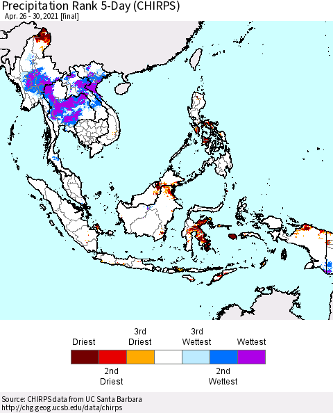 South East Asia Precipitation Rank since 1981, 5-Day (CHIRPS) Thematic Map For 4/26/2021 - 4/30/2021