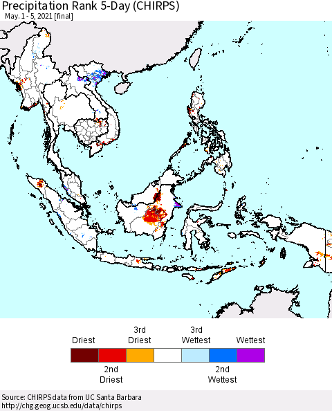 South East Asia Precipitation Rank since 1981, 5-Day (CHIRPS) Thematic Map For 5/1/2021 - 5/5/2021