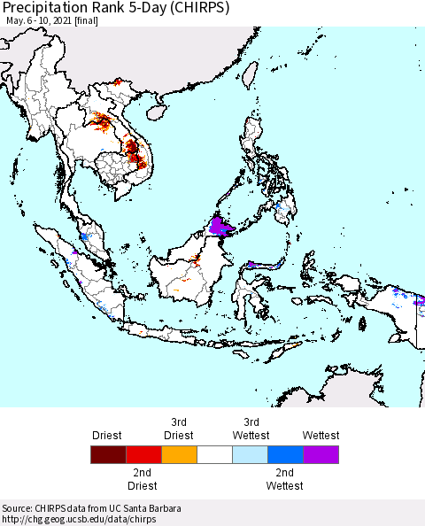 South East Asia Precipitation Rank since 1981, 5-Day (CHIRPS) Thematic Map For 5/6/2021 - 5/10/2021