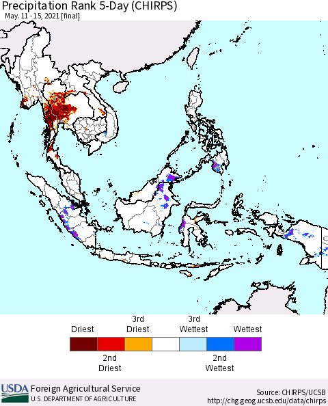 South East Asia Precipitation Rank since 1981, 5-Day (CHIRPS) Thematic Map For 5/11/2021 - 5/15/2021