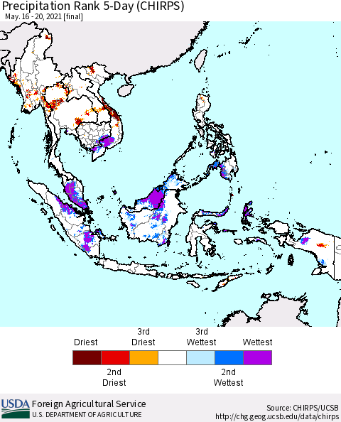 South East Asia Precipitation Rank since 1981, 5-Day (CHIRPS) Thematic Map For 5/16/2021 - 5/20/2021