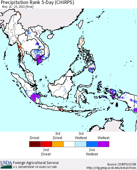 South East Asia Precipitation Rank since 1981, 5-Day (CHIRPS) Thematic Map For 5/21/2021 - 5/25/2021