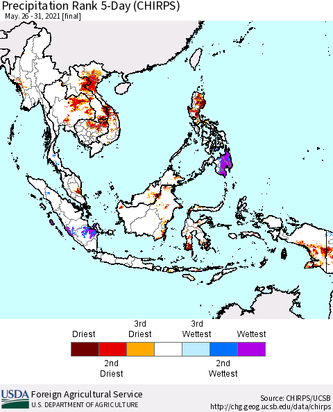 South East Asia Precipitation Rank since 1981, 5-Day (CHIRPS) Thematic Map For 5/26/2021 - 5/31/2021