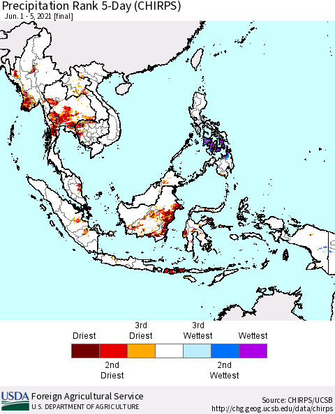 South East Asia Precipitation Rank since 1981, 5-Day (CHIRPS) Thematic Map For 6/1/2021 - 6/5/2021