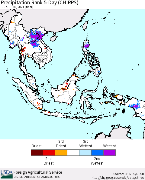 South East Asia Precipitation Rank since 1981, 5-Day (CHIRPS) Thematic Map For 6/6/2021 - 6/10/2021