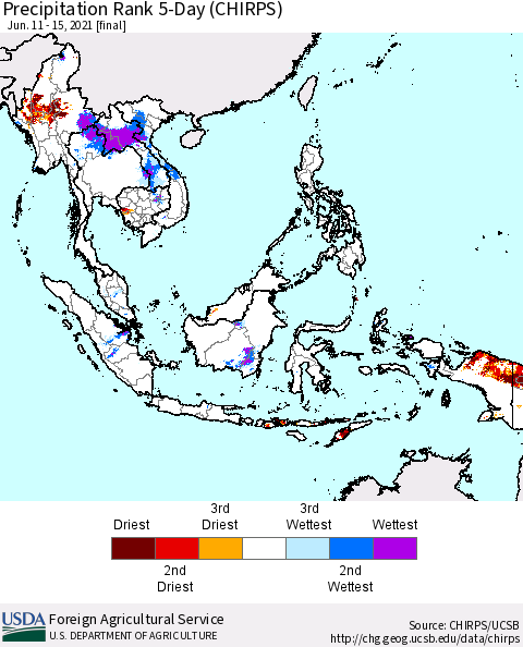 South East Asia Precipitation Rank since 1981, 5-Day (CHIRPS) Thematic Map For 6/11/2021 - 6/15/2021