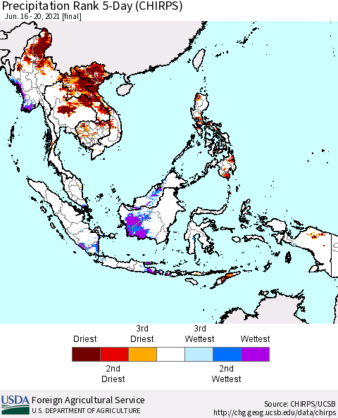 South East Asia Precipitation Rank since 1981, 5-Day (CHIRPS) Thematic Map For 6/16/2021 - 6/20/2021