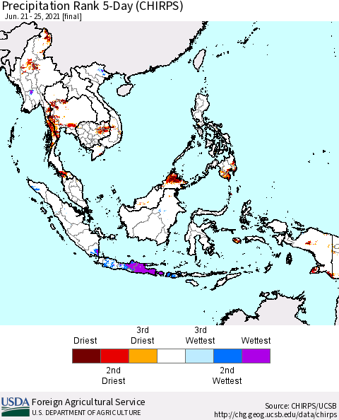 South East Asia Precipitation Rank since 1981, 5-Day (CHIRPS) Thematic Map For 6/21/2021 - 6/25/2021