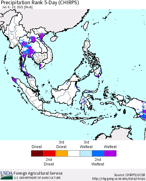 South East Asia Precipitation Rank since 1981, 5-Day (CHIRPS) Thematic Map For 7/6/2021 - 7/10/2021