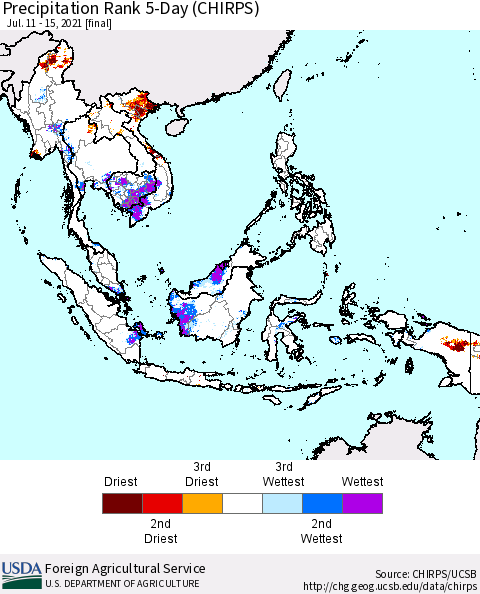 South East Asia Precipitation Rank since 1981, 5-Day (CHIRPS) Thematic Map For 7/11/2021 - 7/15/2021