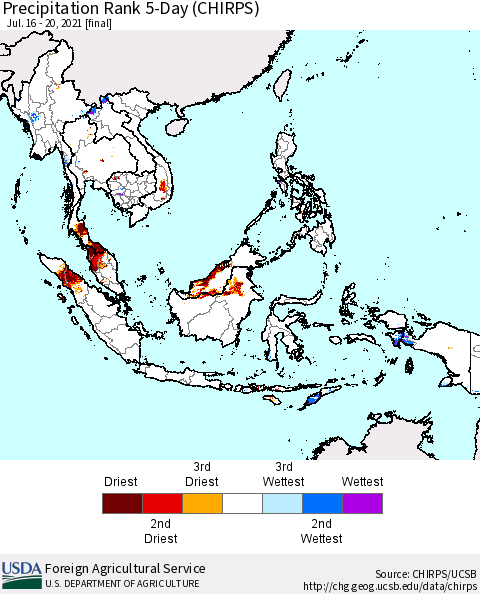 South East Asia Precipitation Rank since 1981, 5-Day (CHIRPS) Thematic Map For 7/16/2021 - 7/20/2021