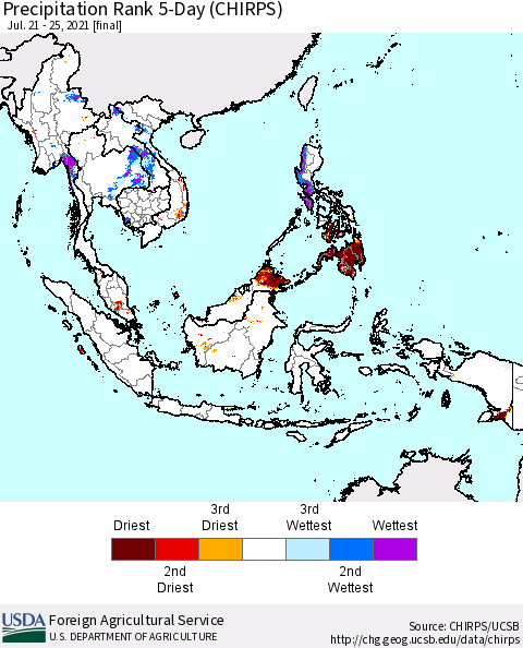 South East Asia Precipitation Rank since 1981, 5-Day (CHIRPS) Thematic Map For 7/21/2021 - 7/25/2021