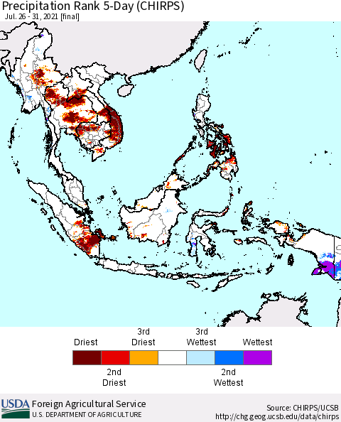 South East Asia Precipitation Rank since 1981, 5-Day (CHIRPS) Thematic Map For 7/26/2021 - 7/31/2021